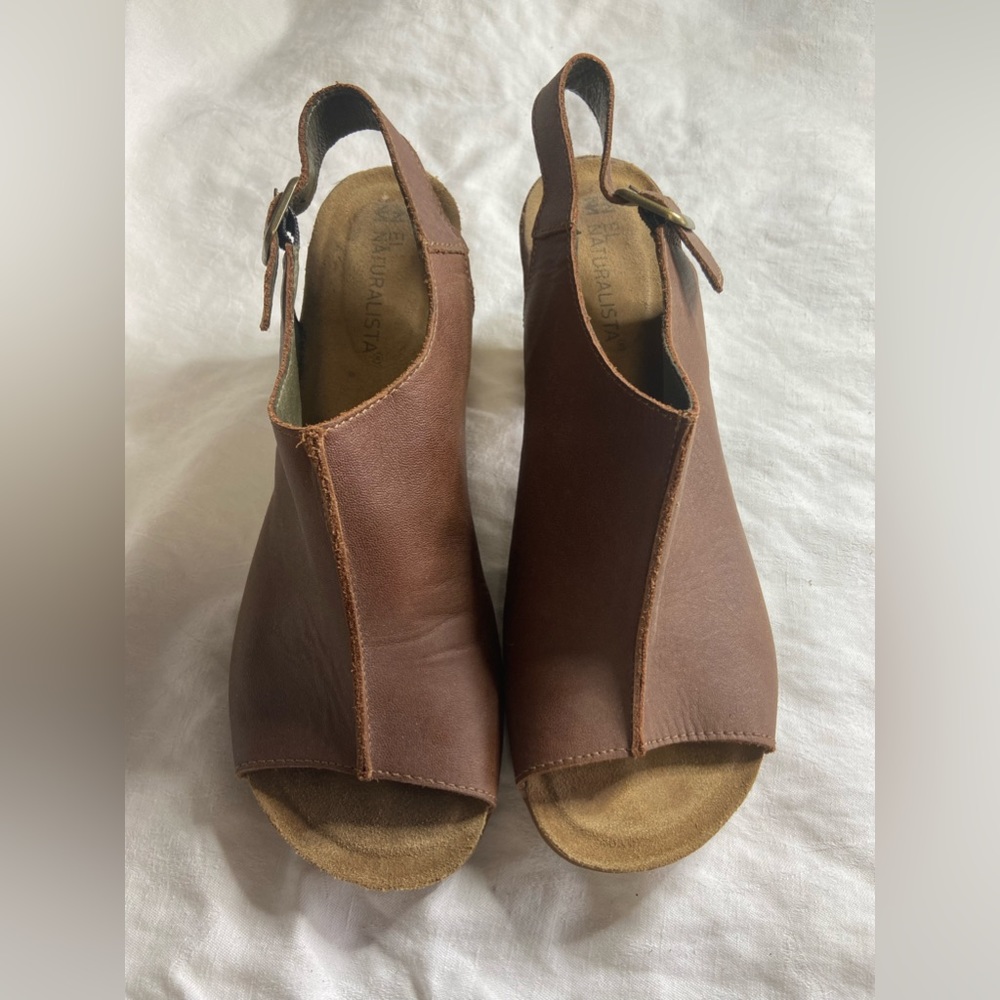 El Naturalista leather stacked wooden heel open toe shoes in cognac size 40 - Picture 2 of 5